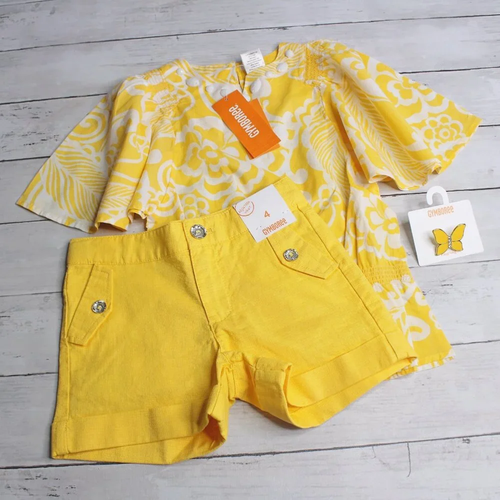 Gymboree Vintage Girl's Top Shorts Ring Size 4 Yellow Geo Collection Lot
